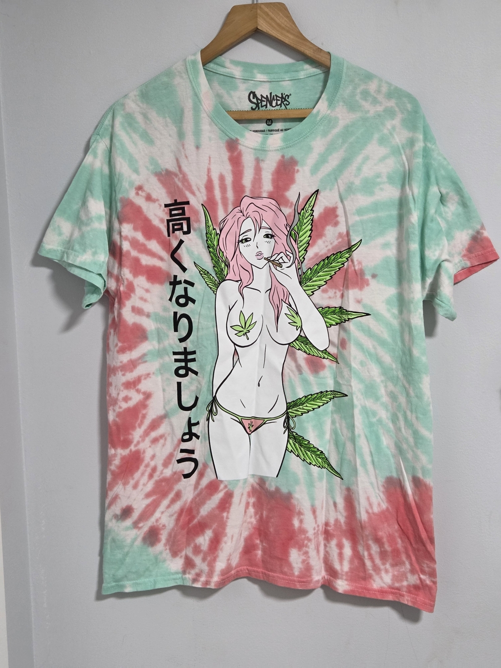 Spencer's  Tie-Dye Graphic Tee with Pink Anime Girl & Green Leaf Motif